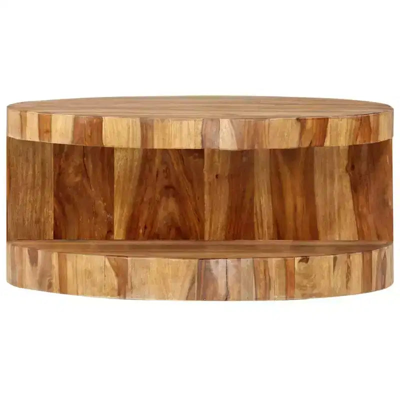 Table basse ronde en bois d'acacia massif avec étagère de rangement
