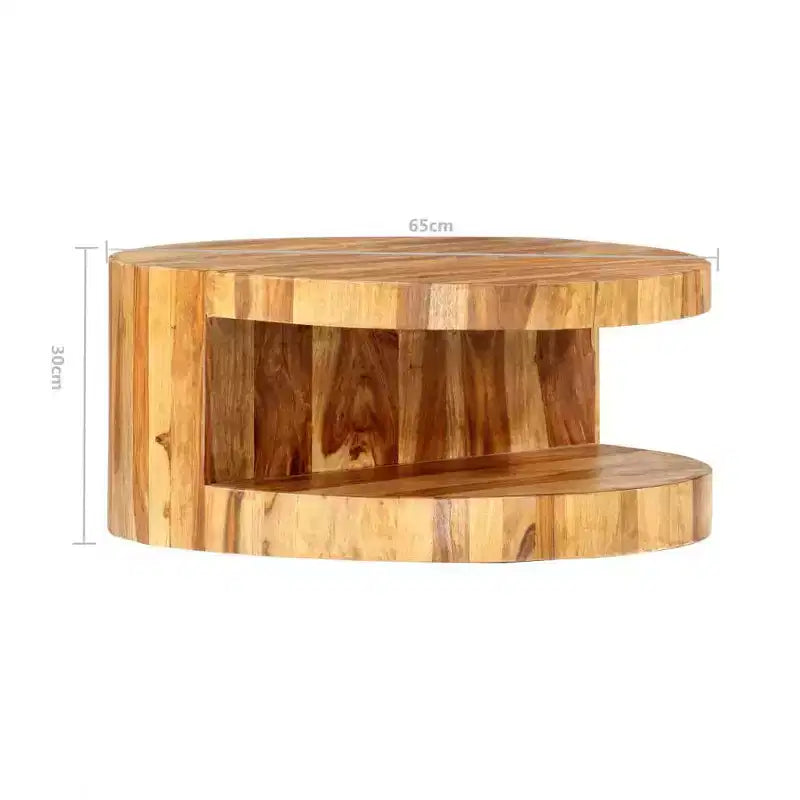 Table basse ronde en bois d'acacia massif avec étagère de rangement