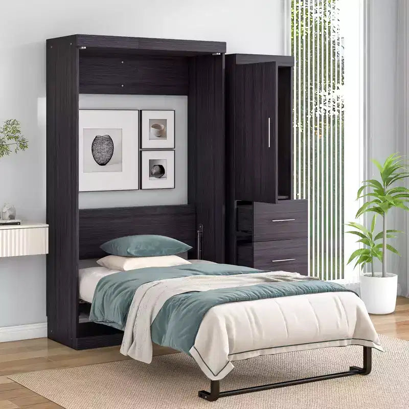 Lit escamotable avec armoire et 3 tiroirs – Cadre de lit mural pliable