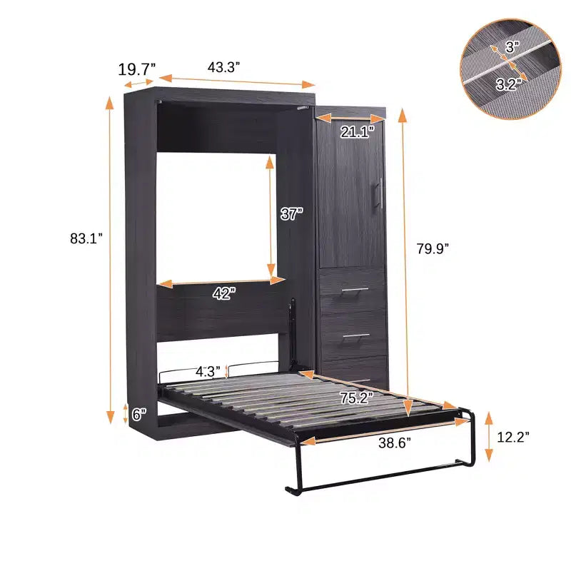 Lit escamotable avec armoire et 3 tiroirs – Cadre de lit mural pliable