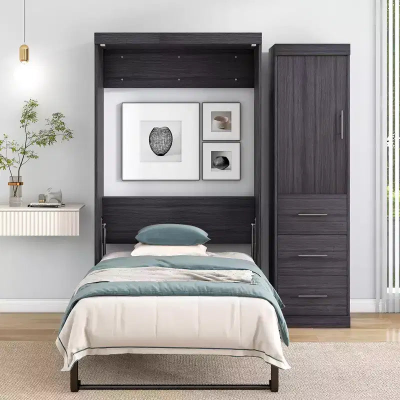 Lit escamotable avec armoire et 3 tiroirs – Cadre de lit mural pliable