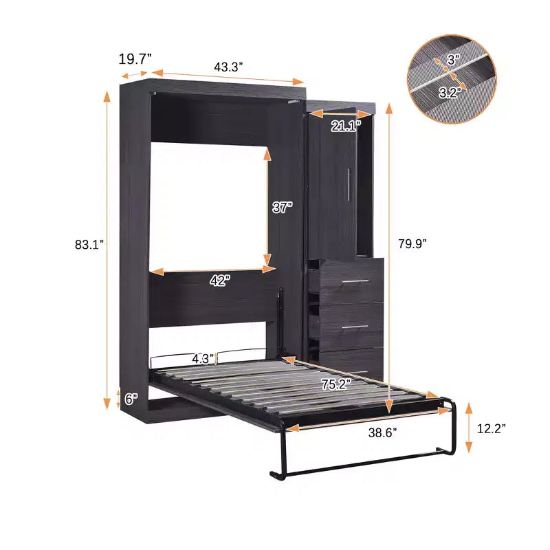 Lit escamotable avec armoire et 3 tiroirs – Cadre de lit mural pliable