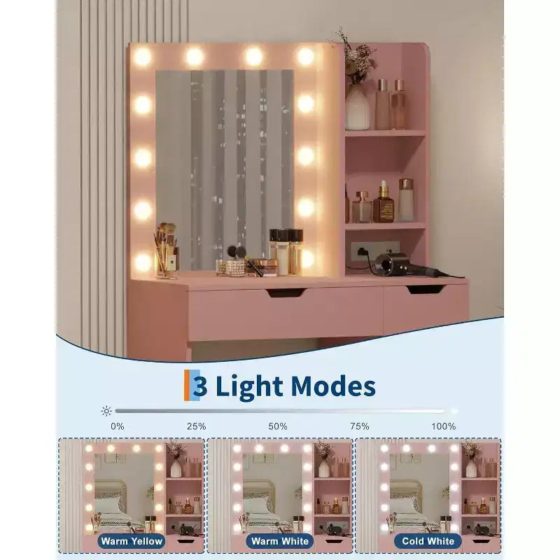 Coiffeuse avec miroir, lumières LED, tiroirs et station de charge
