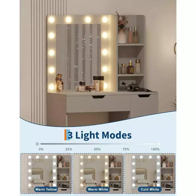 Coiffeuse avec miroir, lumières LED, tiroirs et station de charge