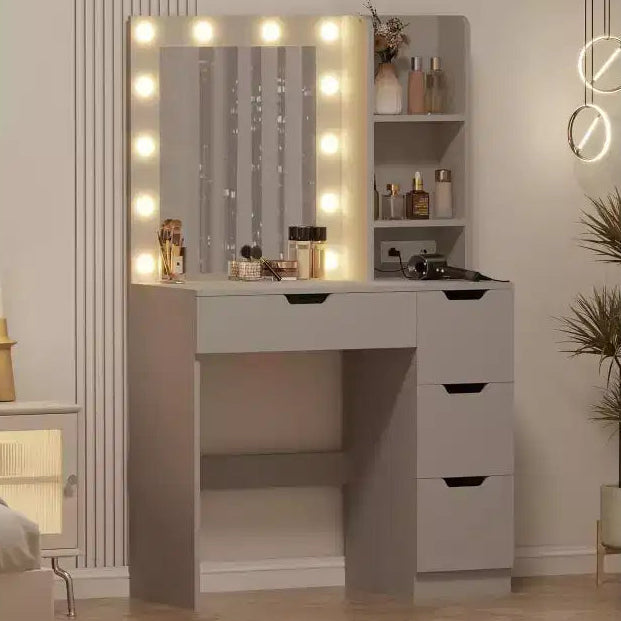 Coiffeuse avec miroir, lumières LED, tiroirs et station de charge