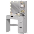 COZONY Vanity Desk with Mirror and LED Lights, Makeup Table with Drawers and Charging Station for Bedroom