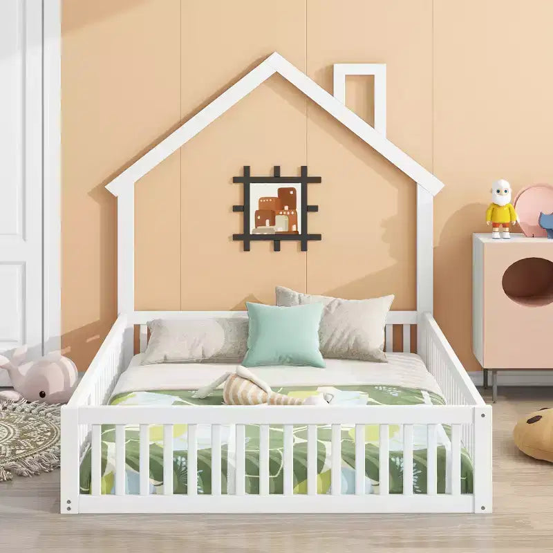 Lit plateforme cabane pour enfants pleine grandeur avec garde-corps