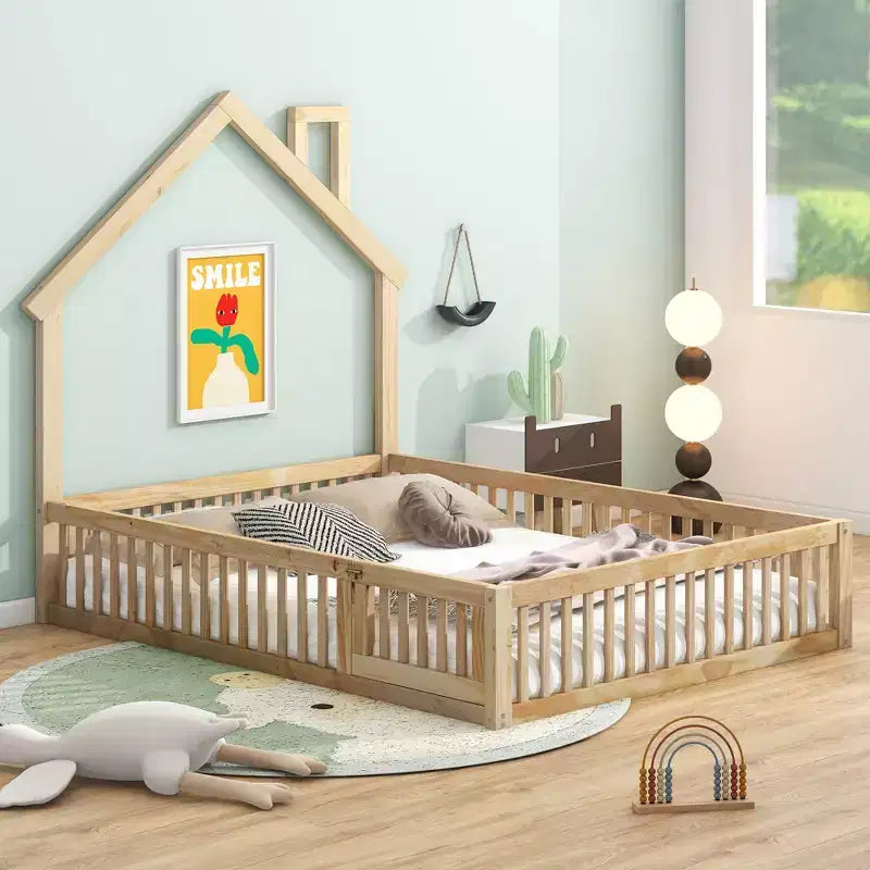 Lit plateforme cabane pour enfants pleine grandeur avec garde-corps