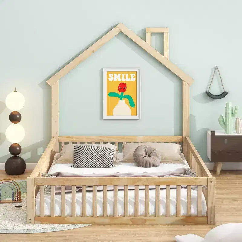 Lit plateforme cabane pour enfants pleine grandeur avec garde-corps