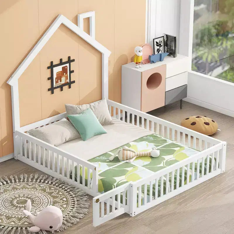 Lit plateforme cabane pour enfants pleine grandeur avec garde-corps