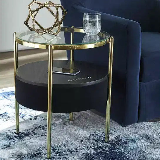Table d'appoint ronde à plateau en verre avec haut-parleur Bluetooth