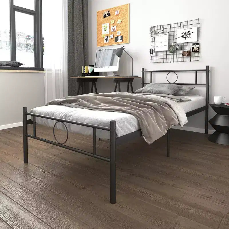 Cadre de lit simple en métal avec tête et pied de lit – Noir