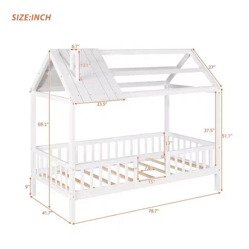 Cadre de lit cabane simple en bois massif avec barrière de sécurité pour enfants