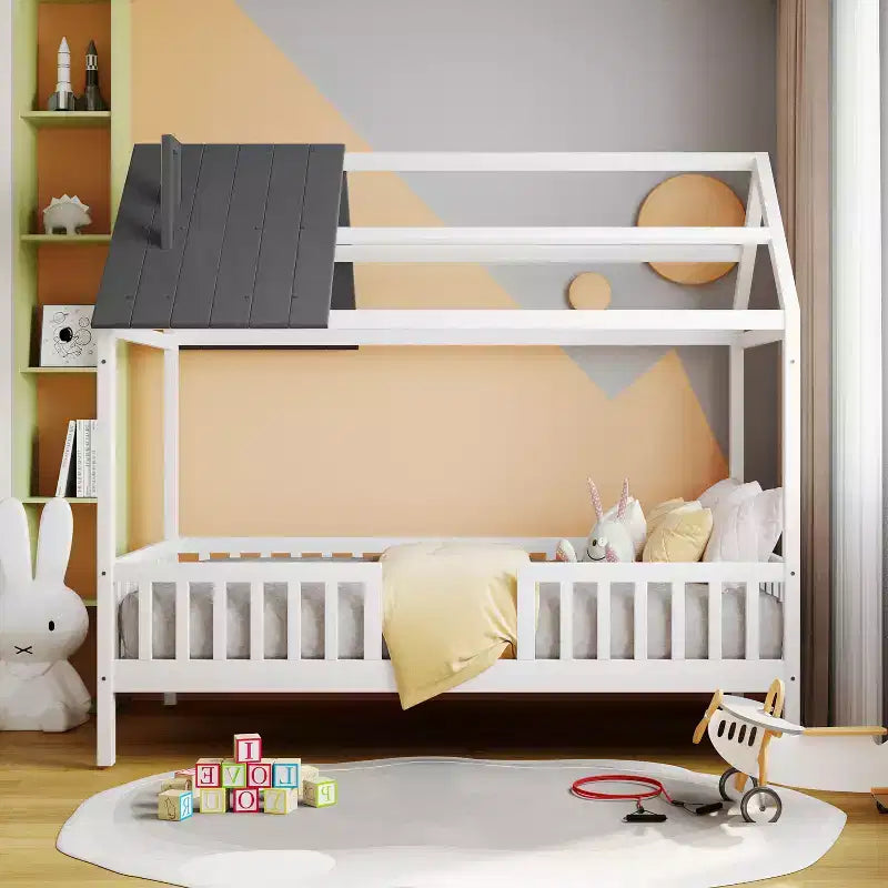 Cadre de lit cabane simple en bois massif avec barrière de sécurité pour enfants
