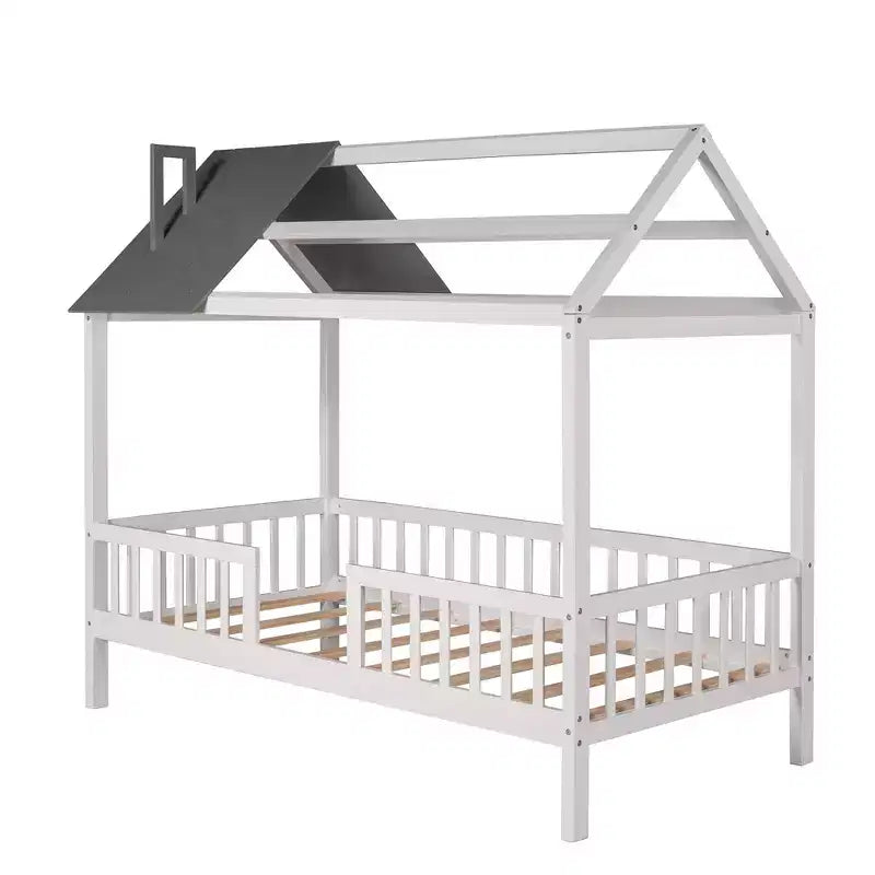 Cadre de lit cabane simple en bois massif avec barrière de sécurité pour enfants