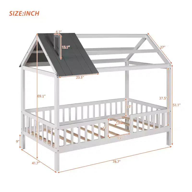 Cadre de lit cabane simple en bois massif avec barrière de sécurité pour enfants