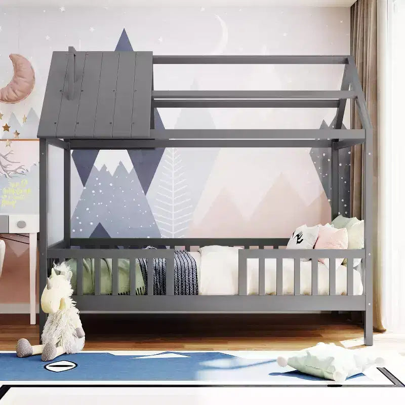 Cadre de lit cabane simple en bois massif avec barrière de sécurité pour enfants