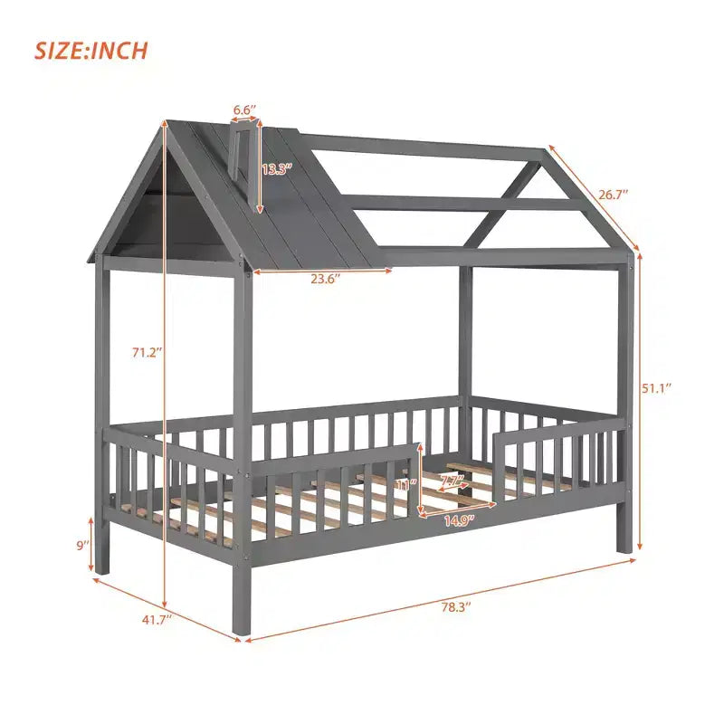 Cadre de lit cabane simple en bois massif avec barrière de sécurité pour enfants