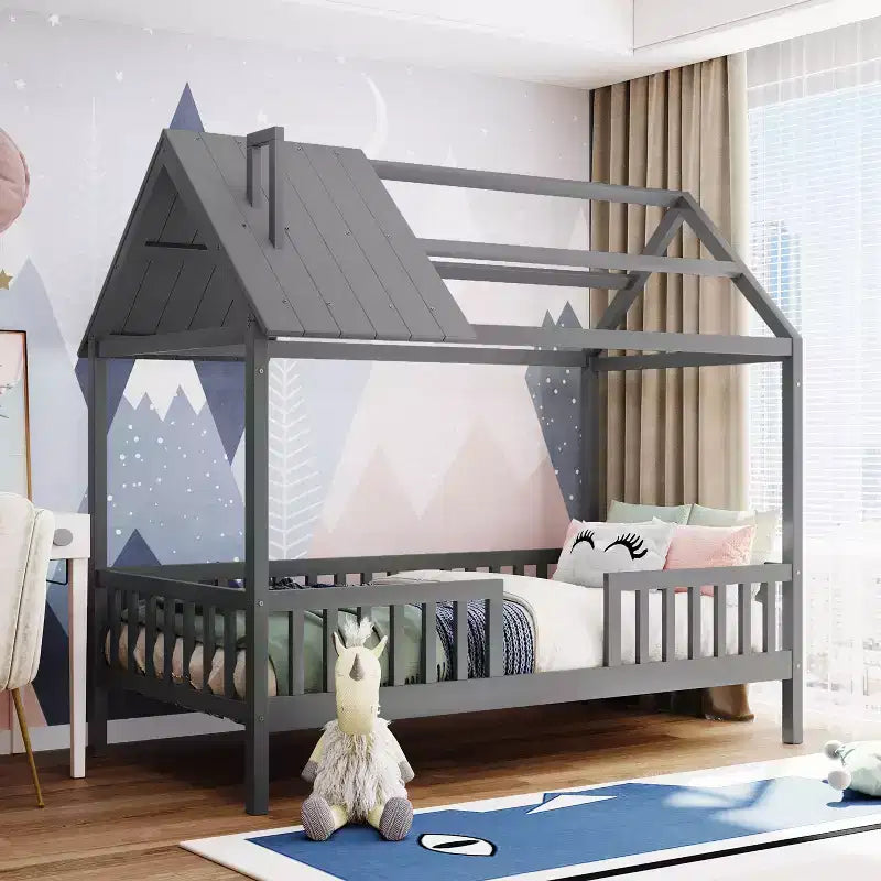 Okak Twin Size Solid Wood House Bed Frame with Proof & Fence,Cute Platform Bed for Kids Room,Bedroom