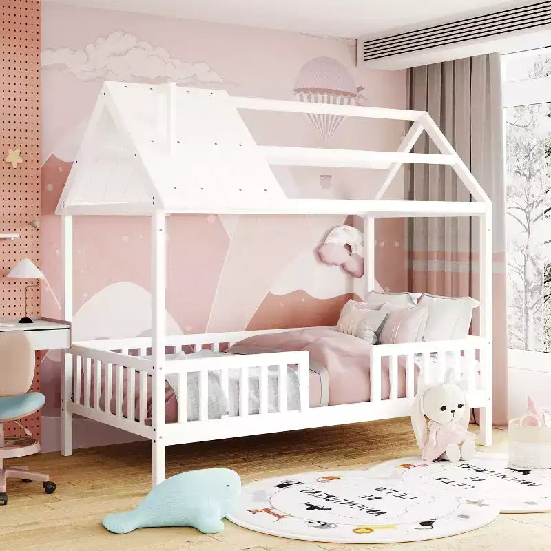 Cadre de lit cabane simple en bois massif avec barrière de sécurité pour enfants