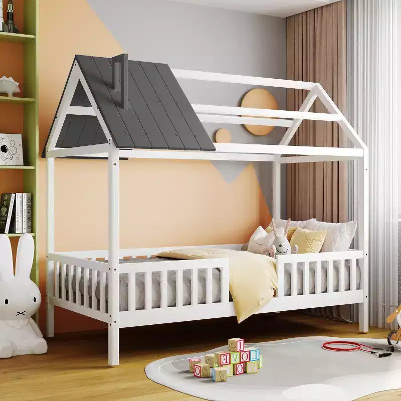 Cadre de lit cabane simple en bois massif avec barrière de sécurité pour enfants