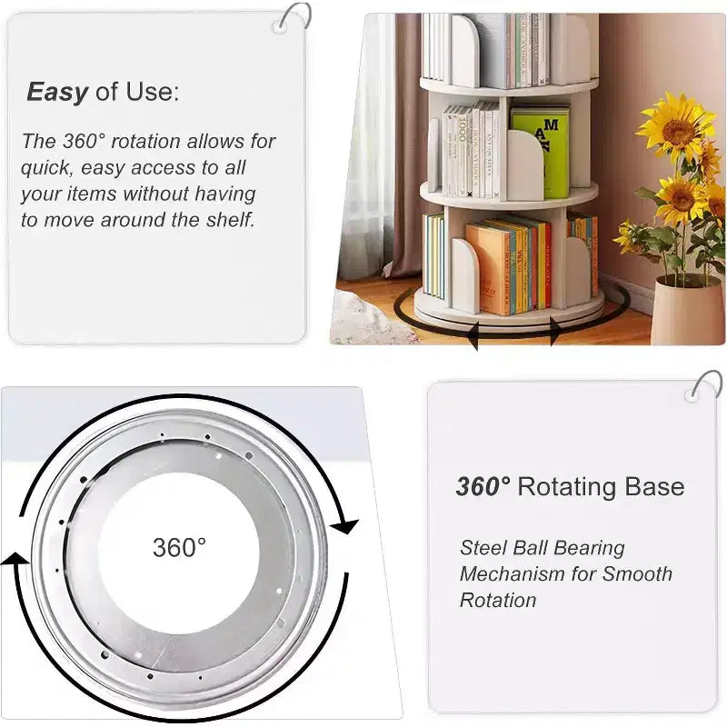 Bibliothèque pivotante à 360° – Étagère tournante à 4 niveaux pour la maison et le bureau