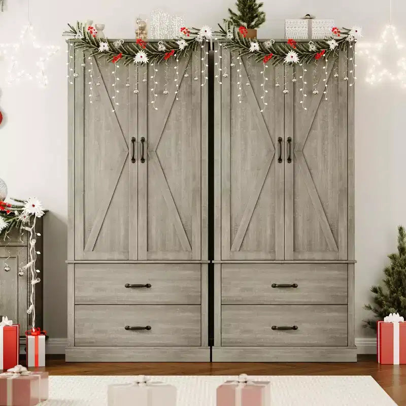 Meuble de garde-manger de ferme avec portes de grange, 2 tiroirs et étagères réglables