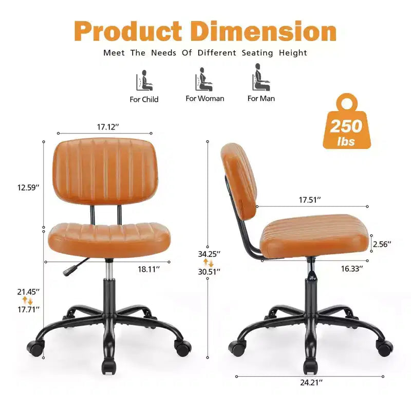 Chaise de bureau sans accoudoirs en similicuir avec pivot à 360° et hauteur réglable