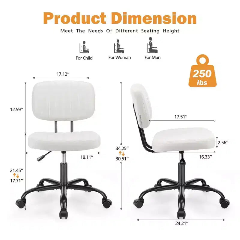Chaise de bureau sans accoudoirs en similicuir avec pivot à 360° et hauteur réglable