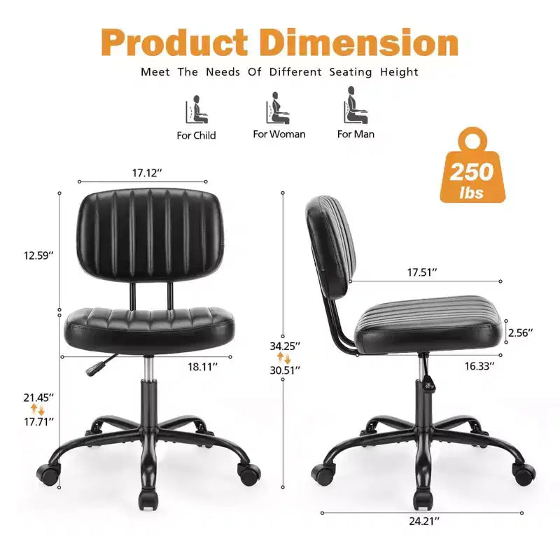 Chaise de bureau sans accoudoirs en similicuir avec pivot à 360° et hauteur réglable