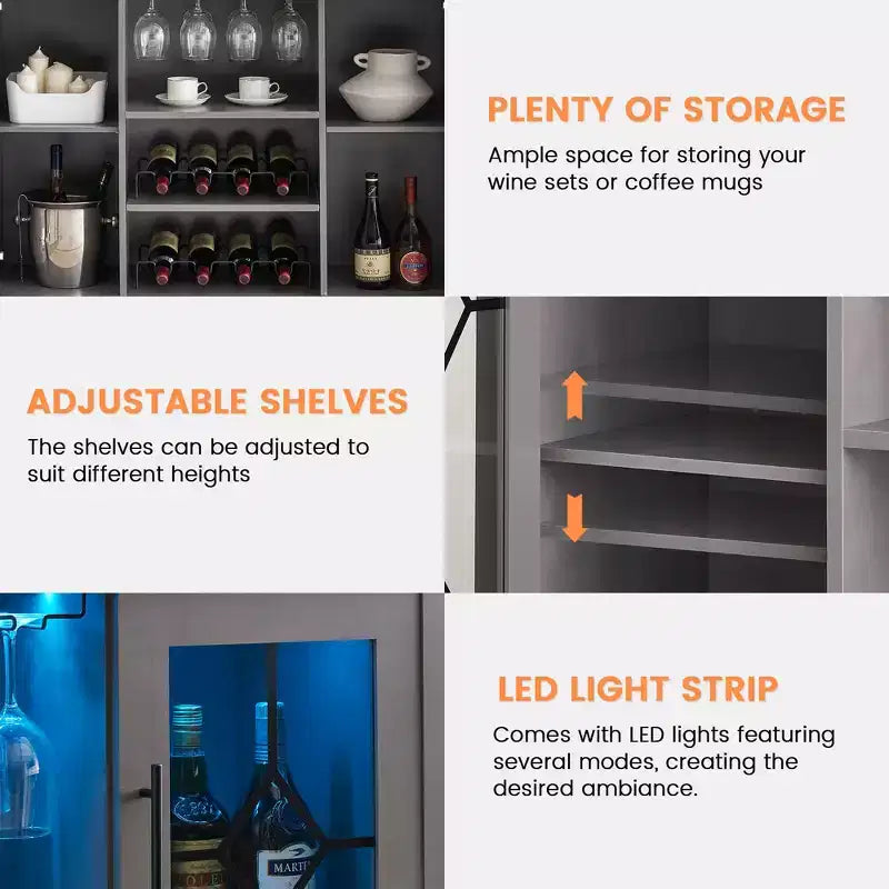 Meuble Bar à Vins avec Lumières LED – Étagère Verres & Bouteilles, Buffet de Rangement