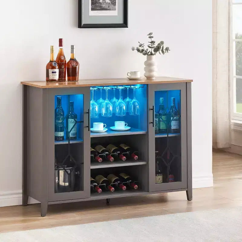 Meuble Bar à Vins avec Lumières LED – Étagère Verres & Bouteilles, Buffet de Rangement