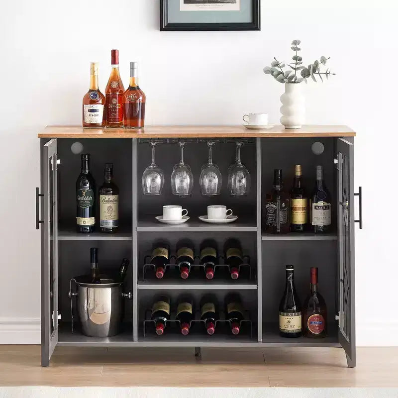 Meuble Bar à Vins avec Lumières LED – Étagère Verres & Bouteilles, Buffet de Rangement