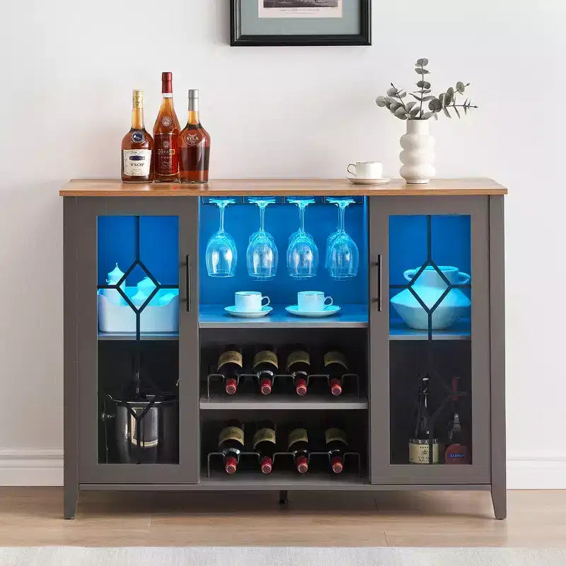 Meuble Bar à Vins avec Lumières LED – Étagère Verres & Bouteilles, Buffet de Rangement