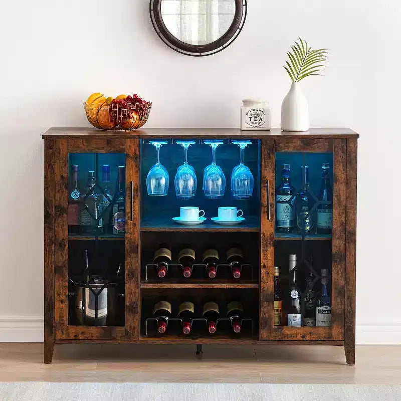 Meuble Bar à Vins avec Lumières LED – Étagère Verres & Bouteilles, Buffet de Rangement