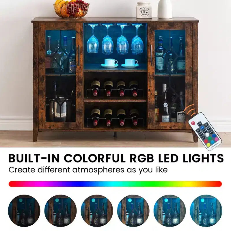 Meuble Bar à Vins avec Lumières LED – Étagère Verres & Bouteilles, Buffet de Rangement