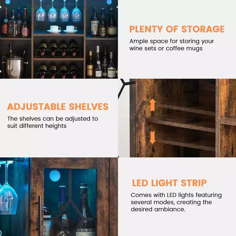 Meuble Bar à Vins avec Lumières LED – Étagère Verres & Bouteilles, Buffet de Rangement