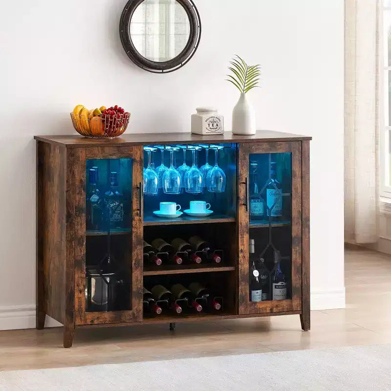 Meuble Bar à Vins avec Lumières LED – Étagère Verres & Bouteilles, Buffet de Rangement