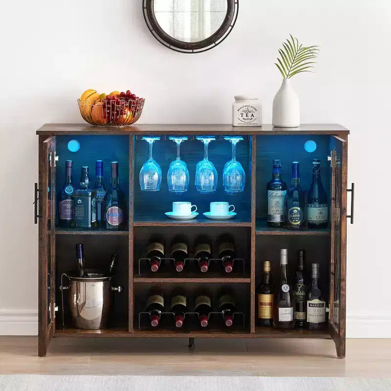 Meuble Bar à Vins avec Lumières LED – Étagère Verres & Bouteilles, Buffet de Rangement