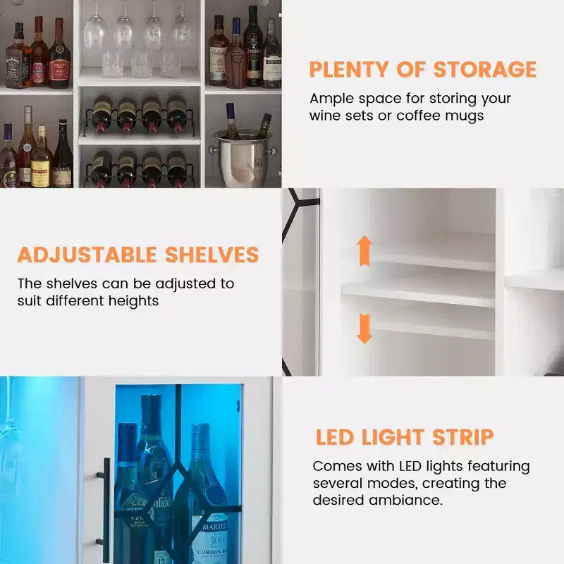Meuble Bar à Vins avec Lumières LED – Étagère Verres & Bouteilles, Buffet de Rangement
