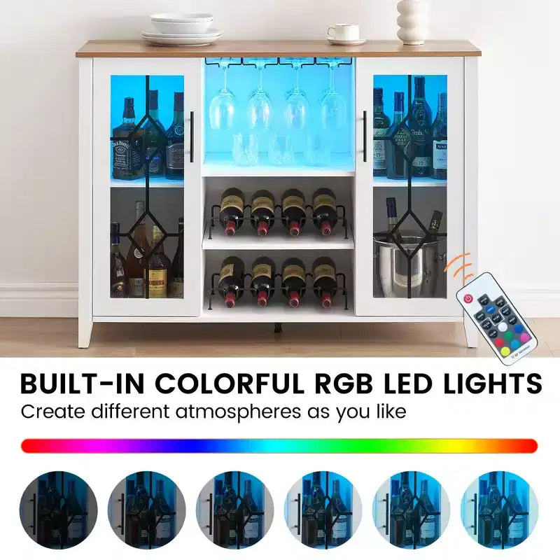 Meuble Bar à Vins avec Lumières LED – Étagère Verres & Bouteilles, Buffet de Rangement