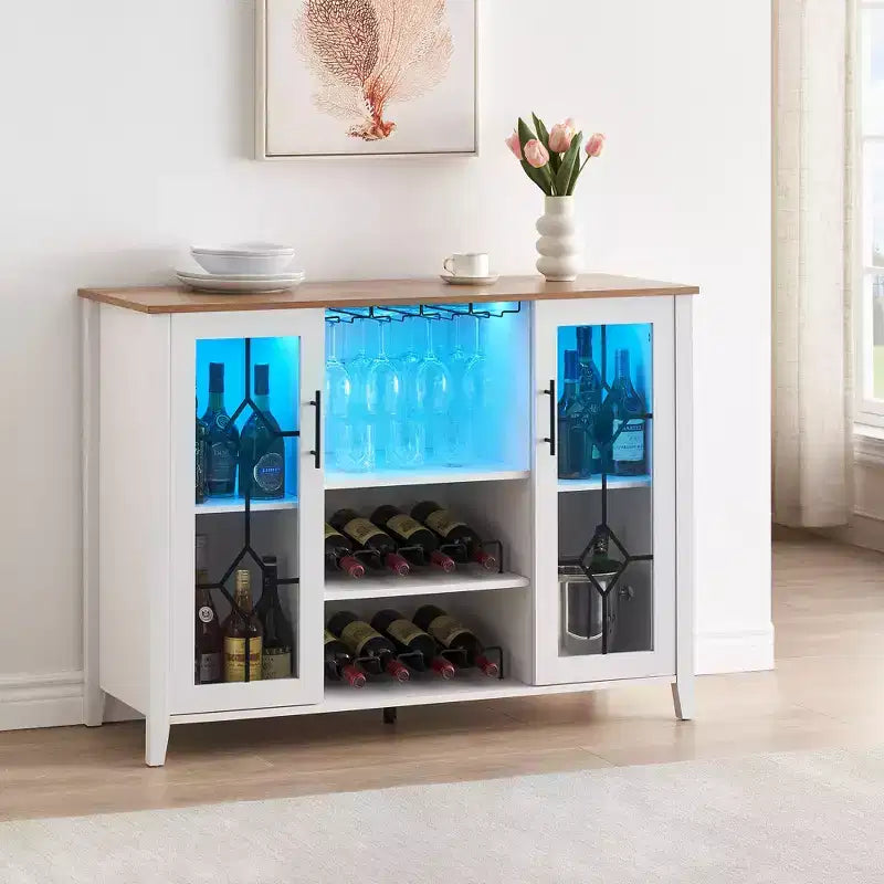 Meuble Bar à Vins avec Lumières LED – Étagère Verres & Bouteilles, Buffet de Rangement