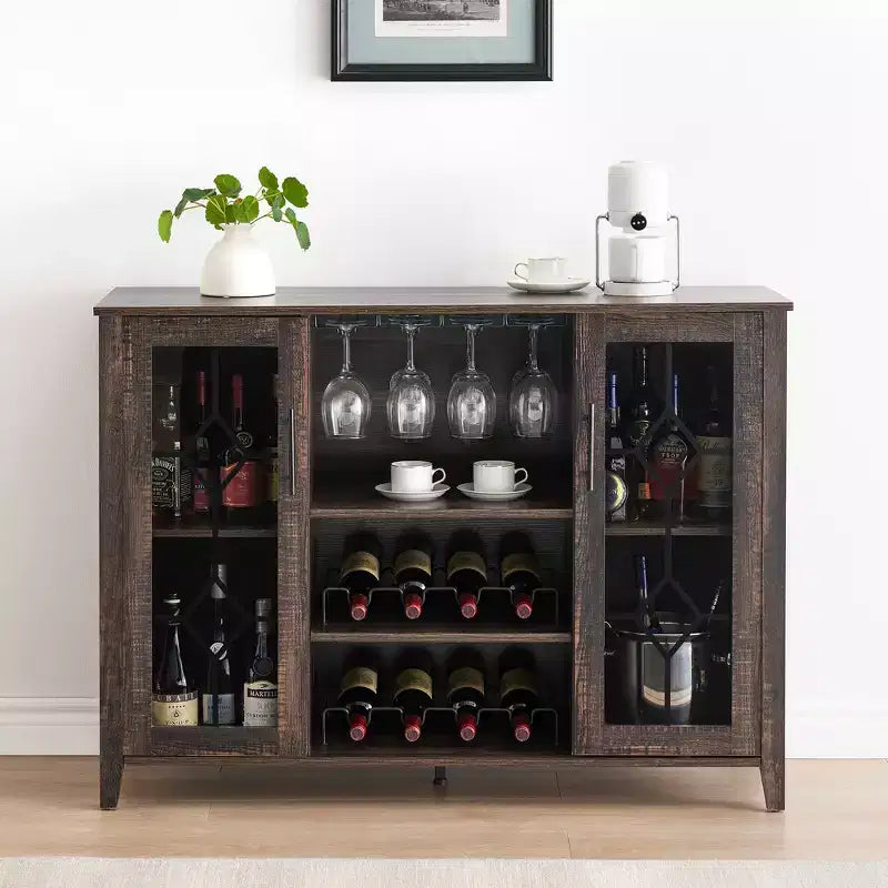 Meuble Bar à Vins avec Lumières LED – Étagère Verres & Bouteilles, Buffet de Rangement