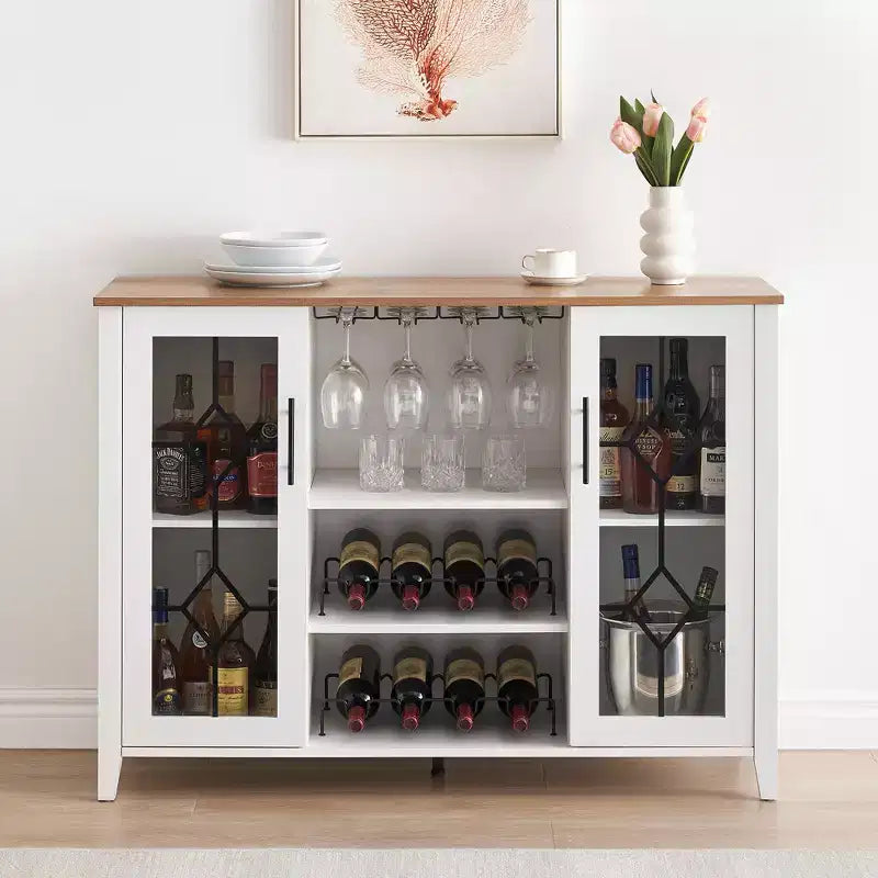 Meuble Bar à Vins avec Lumières LED – Étagère Verres & Bouteilles, Buffet de Rangement