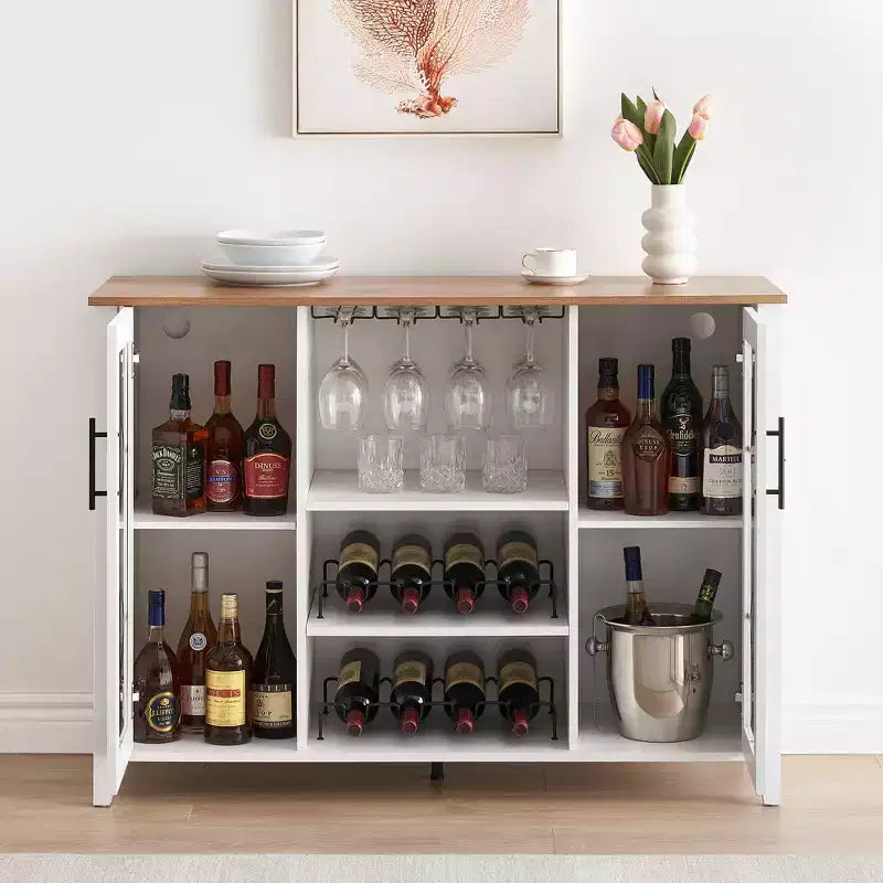 Meuble Bar à Vins avec Lumières LED – Étagère Verres & Bouteilles, Buffet de Rangement