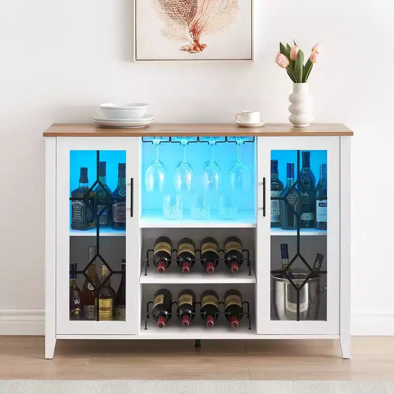 Meuble Bar à Vins avec Lumières LED – Étagère Verres & Bouteilles, Buffet de Rangement