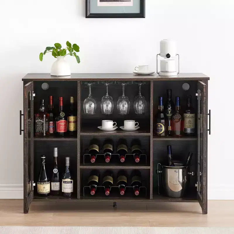 Meuble Bar à Vins avec Lumières LED – Étagère Verres & Bouteilles, Buffet de Rangement