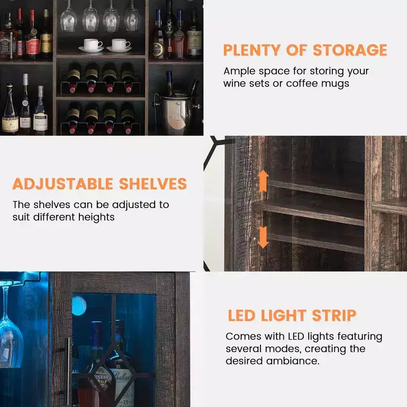 Meuble Bar à Vins avec Lumières LED – Étagère Verres & Bouteilles, Buffet de Rangement