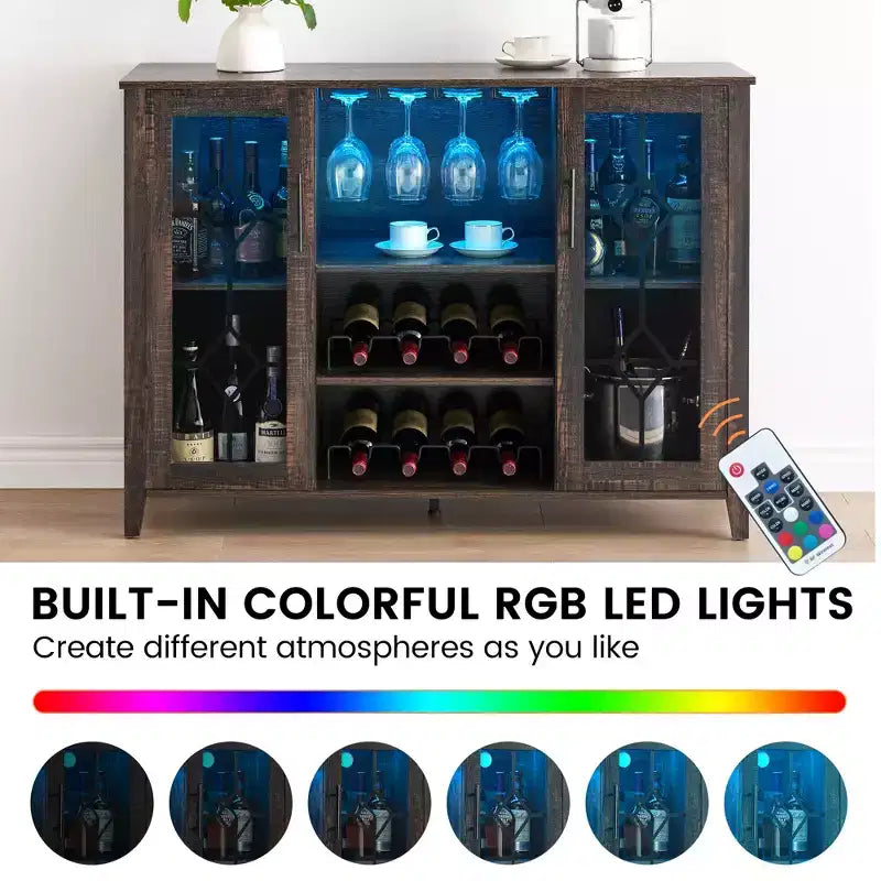 Meuble Bar à Vins avec Lumières LED – Étagère Verres & Bouteilles, Buffet de Rangement