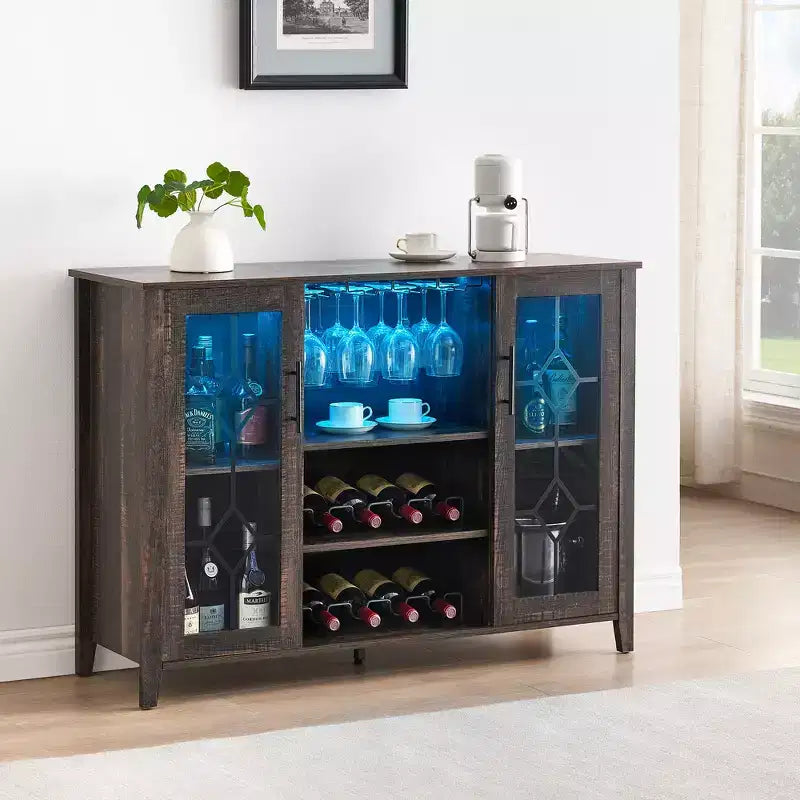 Meuble Bar à Vins avec Lumières LED – Étagère Verres & Bouteilles, Buffet de Rangement